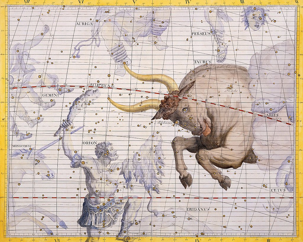 La constelación de Tauro, el toro, y Orión, el cazador, por James Thornhill