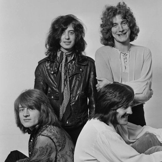 Studio group portrait of Led Zeppelin, London, December 1968. Clockwise from top left: Jimmy Page, Robert Plant, John Bonham, John Paul Jones. It was the band's first official photo shoot