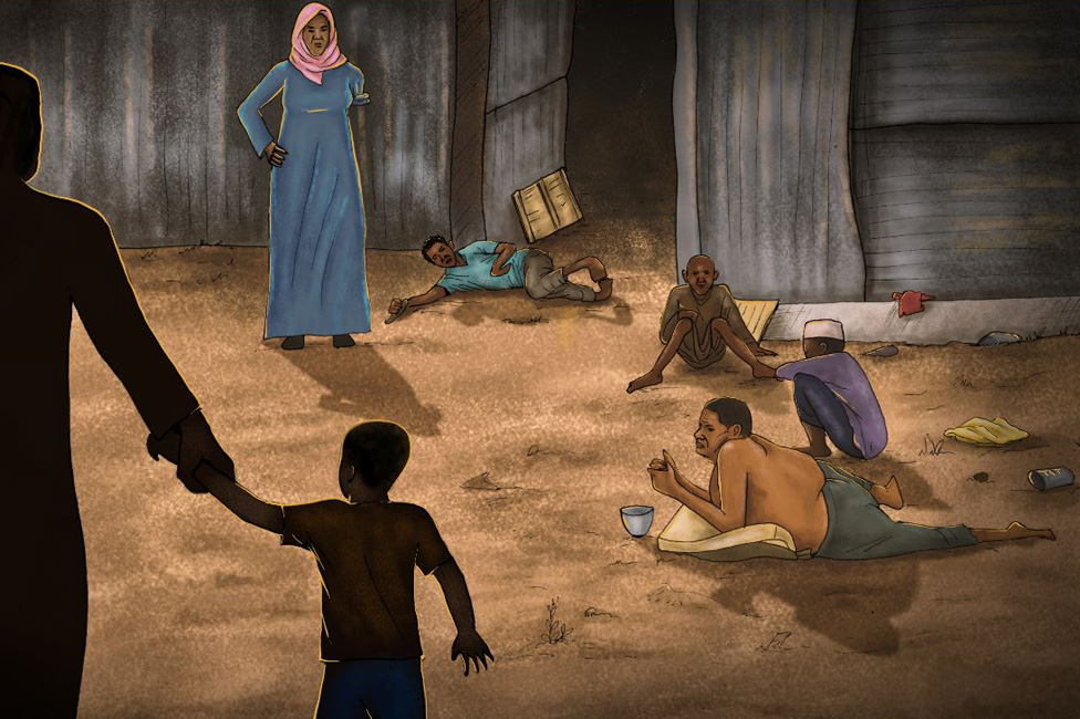 Illustration que muestra un patio con mendigos ciegos y sus guías.