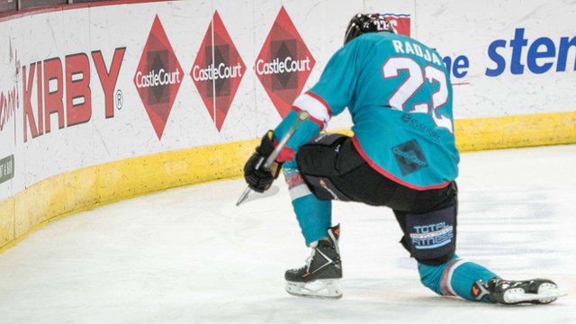 Belfast Giant Mike Radja celebrates scoring against Nottingham Panthers
