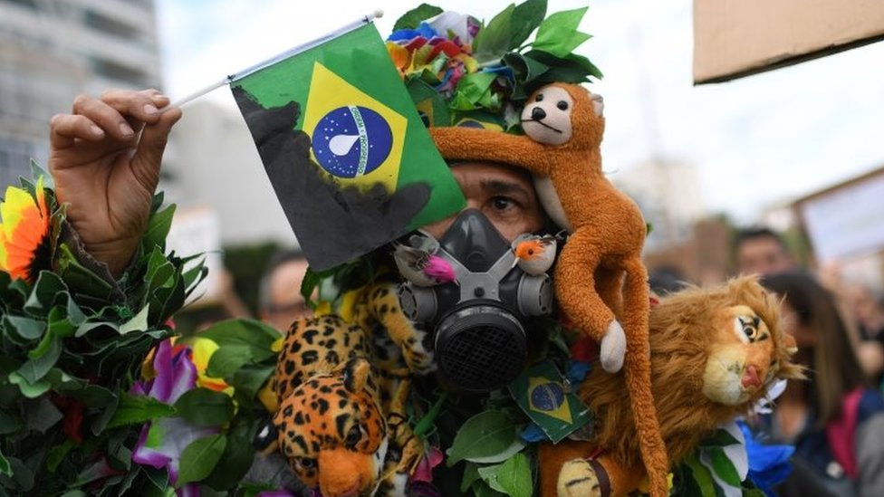 Активист выступает во время акции протеста интеллектуалов и художников против уничтожения тропических лесов Амазонки,