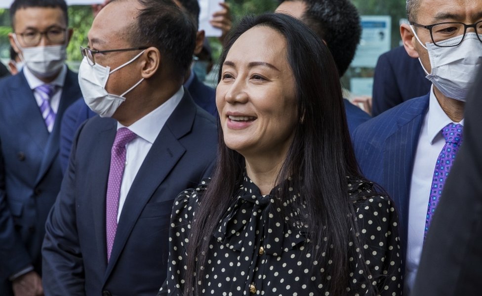 Meng Wanzhou (C) leaves British Columbia Supreme Court and speaks to the media in Vancouver, British Columbia, Canada 24 September 2021.