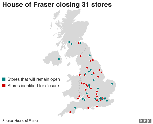 Карта закрытия магазинов House of Fraser