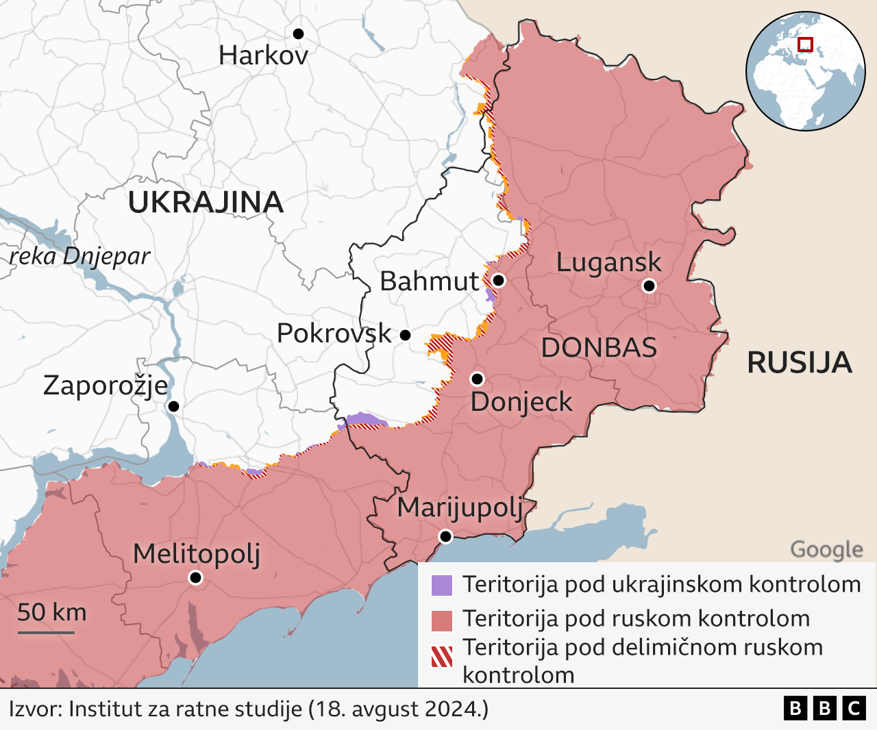 mapa fronta na istoku Ukrajine