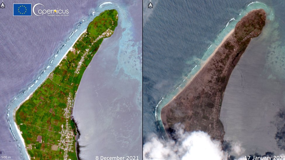 湯加火山爆發前後衛星圖