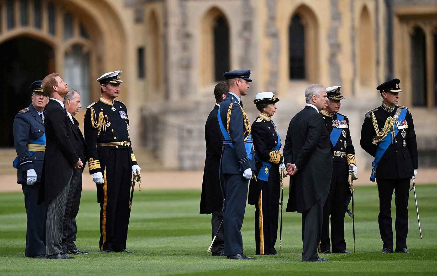 King Charles III and other senior members of the Royal Family outside Windsor Castle
