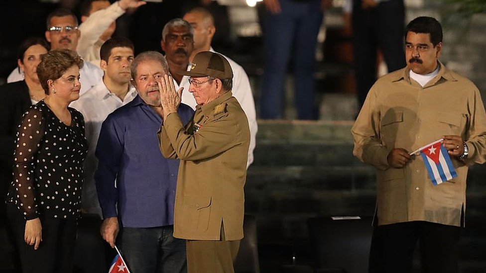 Dilma, Lula, Raúl Castro e Nicolás Maduro durante o funeral de Fidel em Cuba