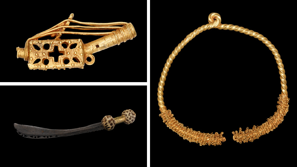 Composite image showing a gold model harp - not one of the looted items - a gold torc and a sword of state.