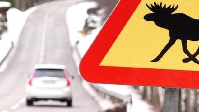 Driverless car and elk sign on Swedish road