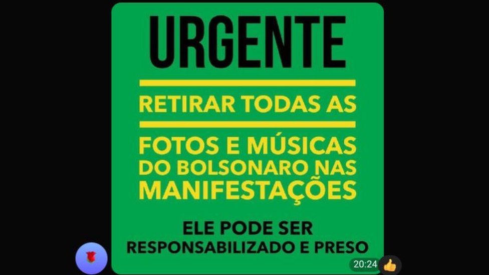 Mensagem em grupo de Telegram pede para bolsonaristas retirarem fotos e músicas de Bolsonaro