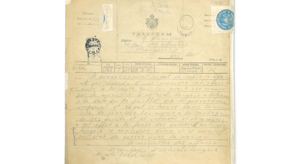 Telegram objave rata Austrougarske Srbiji, 15/28. jul 1914.