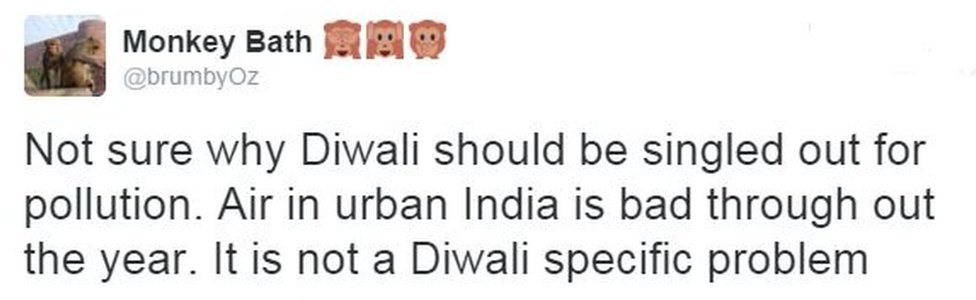 Твит пользователя brumbyoz гласит: «Не уверен, почему следует выделить Дивали в качестве источника загрязнения. Воздух в городах Индии плохой круглый год. Это не особая проблема Дивали».