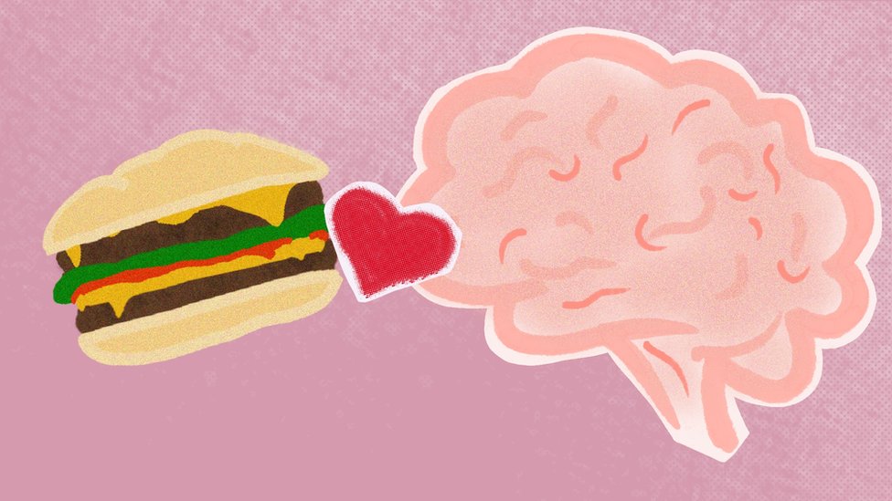 Abstract illustration of human brain and a burger with a heart between the two