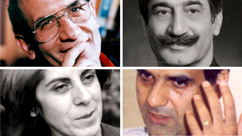 En el sentido de las agujas del reloj: Mohammad Mokhtari, Dariush Forouhar, Mohammad Jafar Pouyandeh y Parvaneh Forouhar