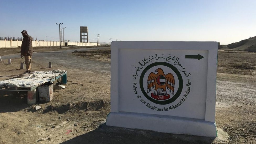 صيد الحبارى: كيف بدأت رحلات أمراء الخليج لصيد هذا الطير في باكستان؟ 2 لوحة عند مدخل قصر الحاج حنيف