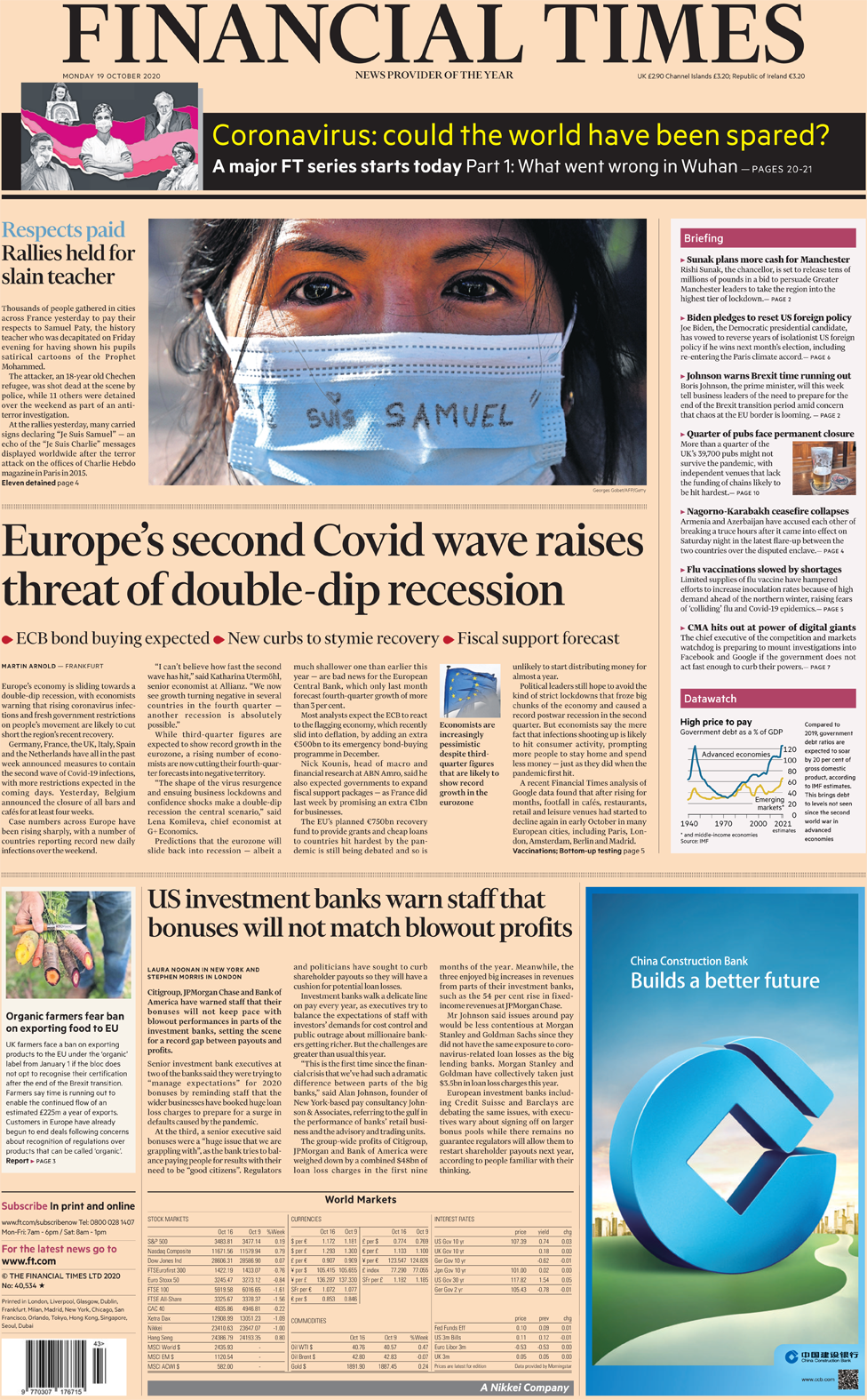 The Financial Times front page 19 October