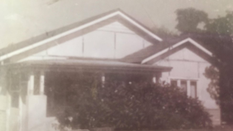 Black and white photo of the Haynes' family home in Greenacre, in western Sydney