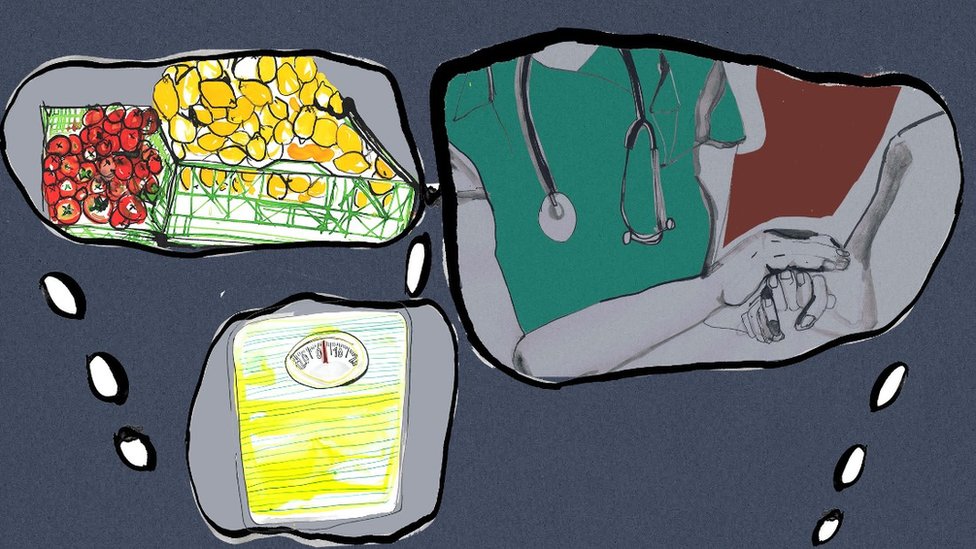 Ilustración de distintos pensamientos sobre el doctor, la compra y una balanza