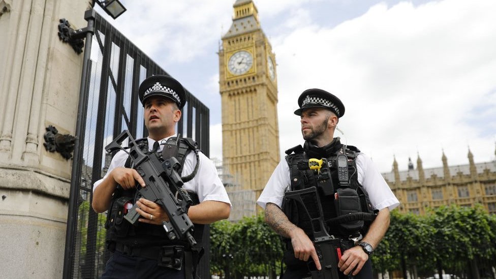 Policías protegen el Parlamento.