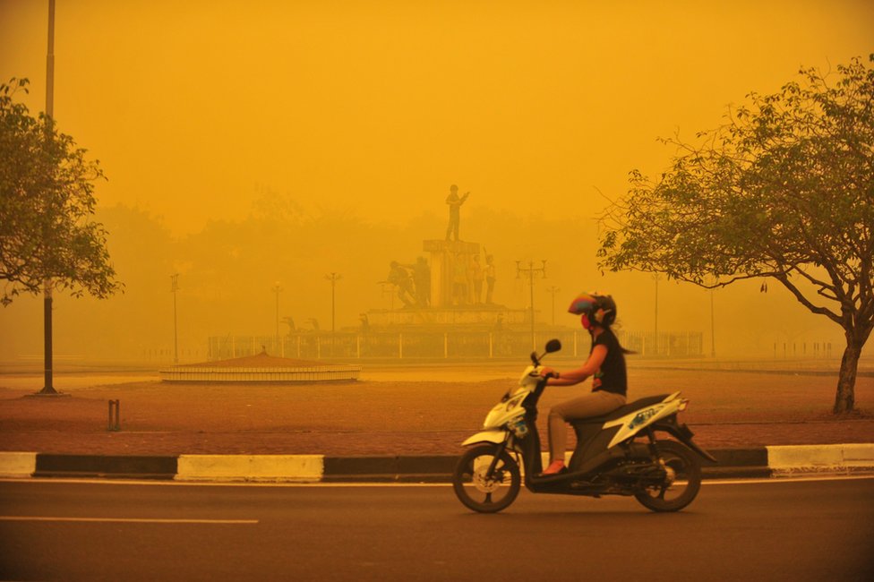 Индонезийская женщина едет на мотоцикле в густой желтой дымке в Палангкарайе, провинция Центральный Калимантан, Индонезия, 23 октября 2015 года.