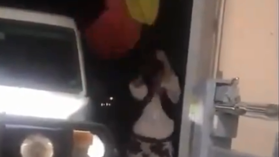 Скриншот видео, на котором женщина, идентифицированная как Карен, пытается сбросить флаг аборигенов