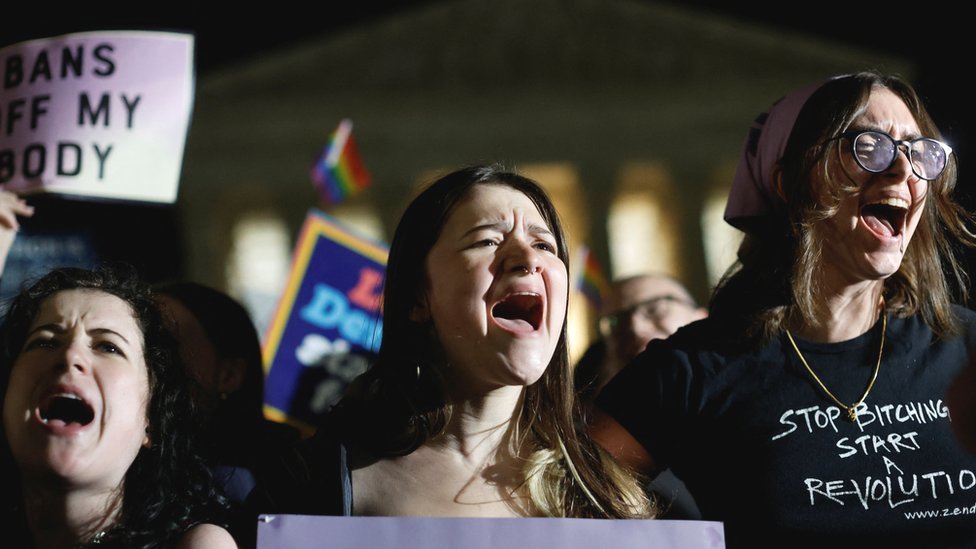 Protesters react outside the US Supreme Court