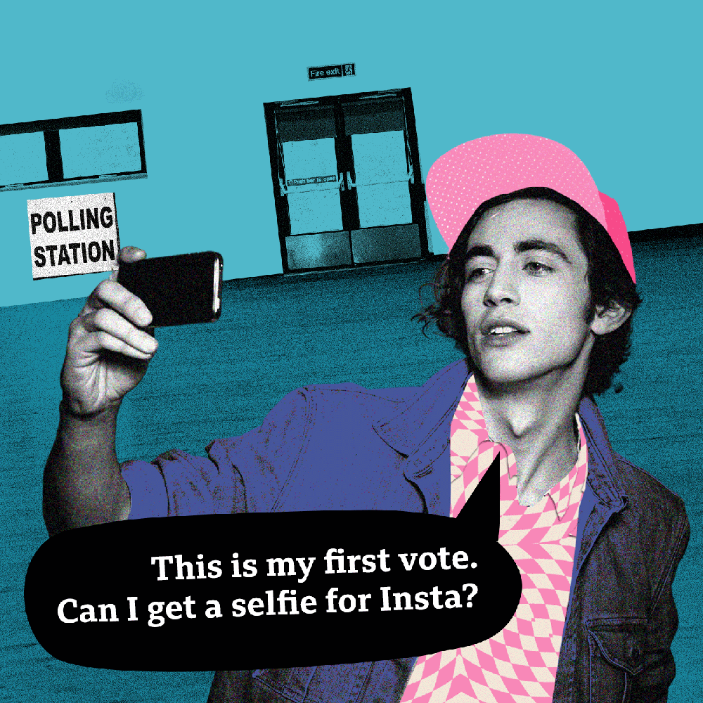 Image of a young man with a mobile phone saying: This is my first vote. Can I get a selfie for Insta?