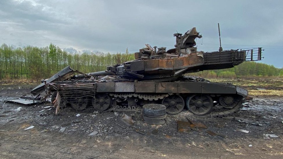 Russian main battle tank T-90M Proryv destroyed by Ukrainian Armed Forces is seen near the village of Staryi Saltiv
