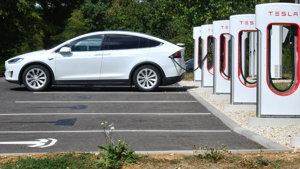 A Tesla charging
