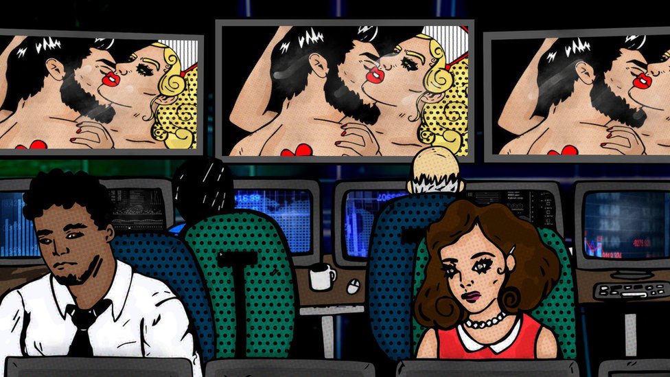 Illustration showing trading floor of finance office with a adult film showing on big screens