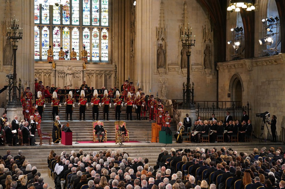 King Charles hearing condolences from the speakers in Westminster Hall