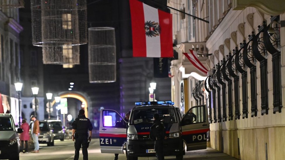 Policías armados hacen guardia frente al Ministerio del Interior en el centro de Viena el 2 de noviembre de 2020