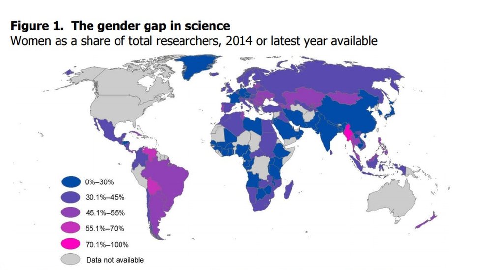 Карта мира, раскрашенная в соответствии с гендерной репрезентативностью среди ученых-исследователей. Чем больше доля женщин, тем ярче розовый. Чем больше доля мужчин, тем темнее синий цвет. Мьянма имеет самый ярко-розовый цвет - согласно легенде на карте, это означает, что более 70% исследователей - женщины.