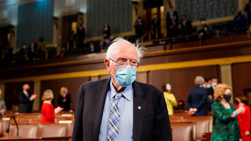 Sen Bernie Sanders (I-VT) arrives before President Joe Biden addresses a joint session of Congress in the House chamber of the U.S. Capitol April 28