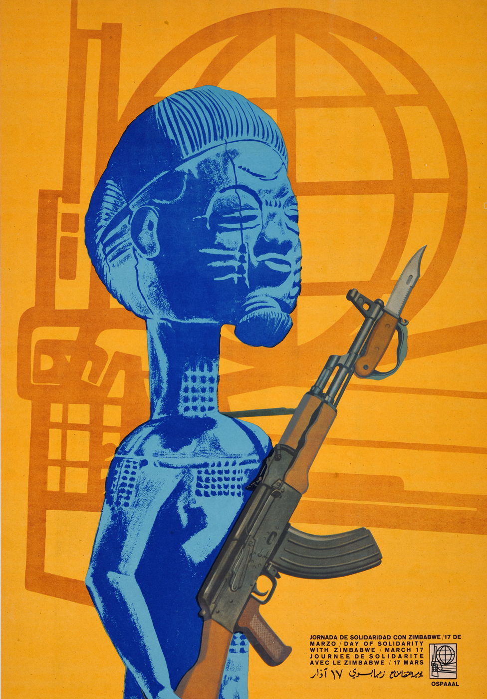 Плакат Ospaaal под названием «День солидарности с Зимбабве, 1969 г.», на котором изображена статуя с ружьем