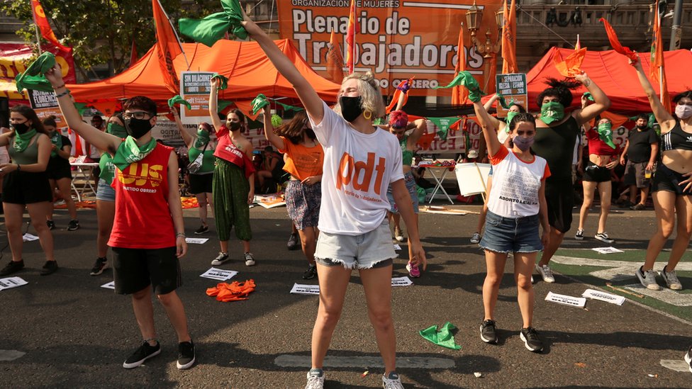 People in favour of legalising abortion gathered in front of Congress in Buenos Aires on Tuesday