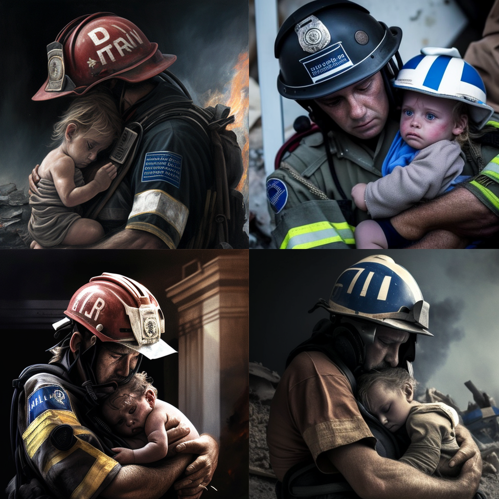透過AI生成，多幅展示一名消防員拯救一名幼兒的圖片