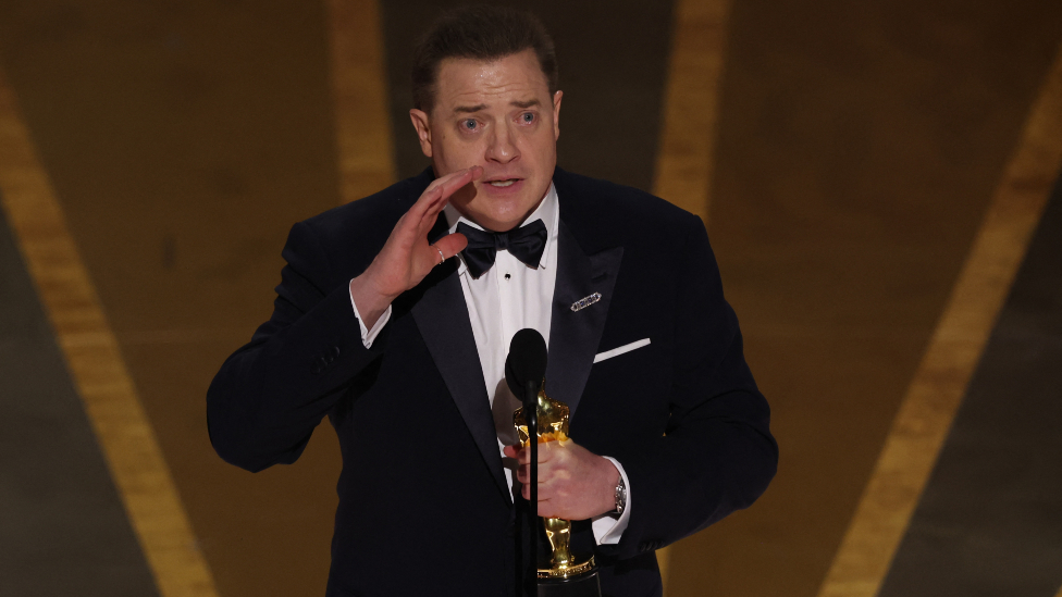 Brendan Fraser accepts the Oscar for Best Actor for "The Whale" during the Oscars show at the 95th Academy Awards in Hollywood, Los Angeles, California