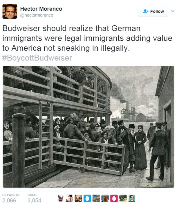 Твит Гектора Моренко: Будвайзер должен понимать, что немецкие иммигранты по закону увеличивают ценность Америки, а не проникают туда нелегально