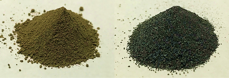 Имитация лунной пыли (слева) и металлического порошка с извлеченным кислородом (справа)
