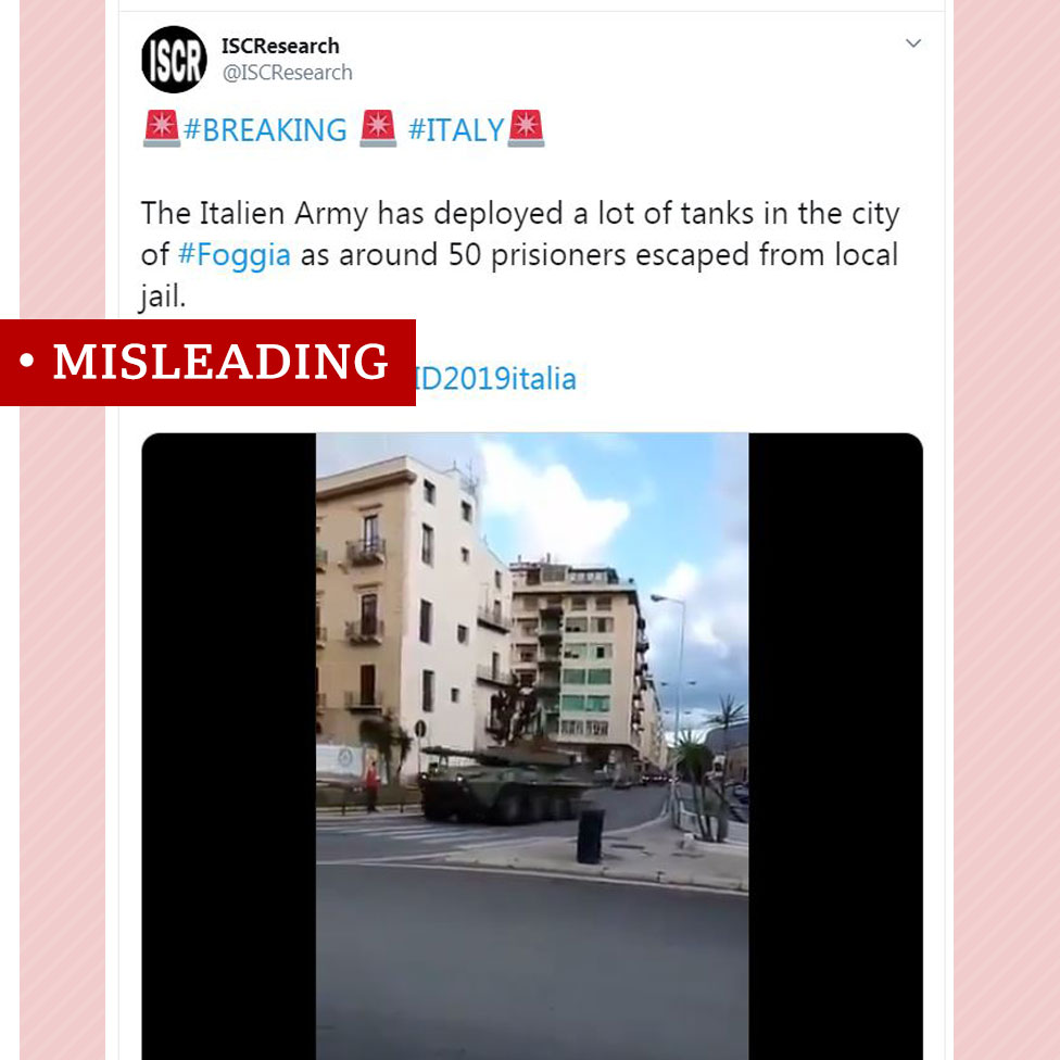 Скриншот видео, показывающего танк на улице Сицилии, названный вводящим в заблуждение