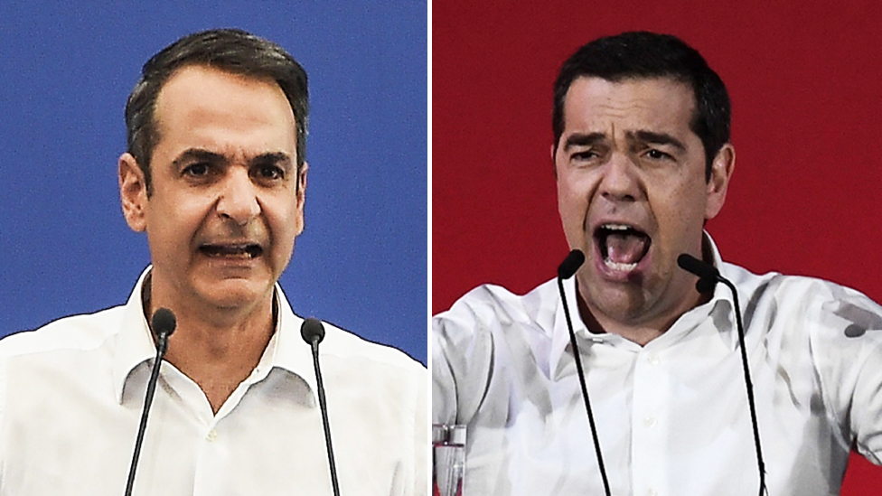 Лидер партии «Новая демократия» Кириакос Мицотакис (слева) и премьер-министр Греции Алексис Ципрас