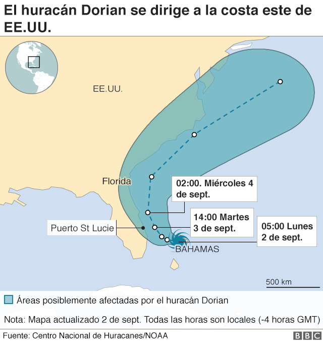 Mapa del recorrido del huracán Dorian.