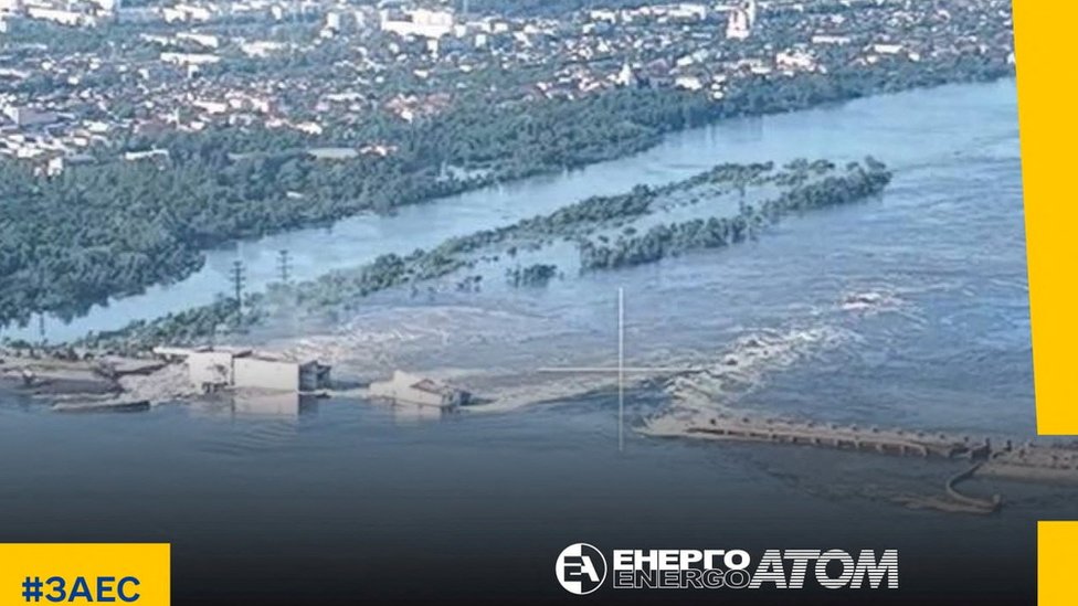 An image shows Nova Kakhovka Dam, amid Russia's invasion of Ukraine, in Kherson region, Ukraine, June 6, 2023. Press service of the National Nuclear Energy Generating Company Energoatom/Handout