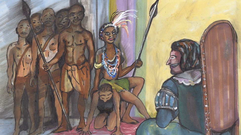 La reina Njinga se sentó sobre la espalda de su sirvienta para negociar con el gobernador portugués João Correia de Sousa a la misma altura. Njinga sentada sobre la espalda de su sirvienta para negociar con el gobernador portugués en Luanda a la misma altura.