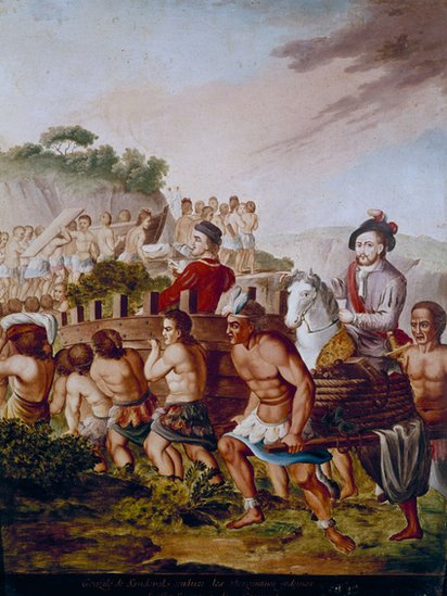 Gonzalo de Sandoval supervisando la construcción de los barcos para el segundo ataque a Tenochtitlan, México. Pintura de la serie Historia de la conquista de México, 1763-1800,