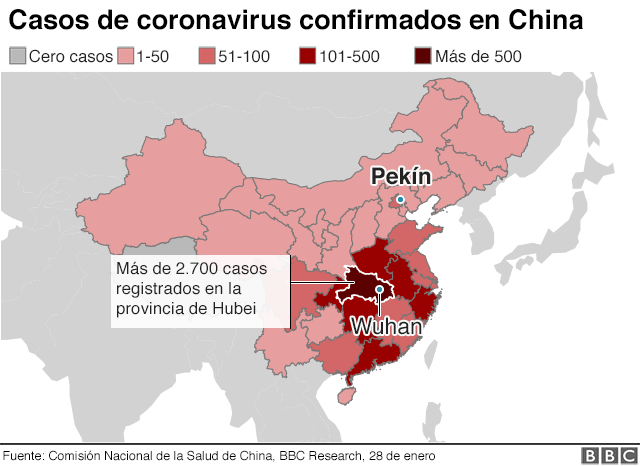 Mapa con los casos confirmados de coronavirus en China
