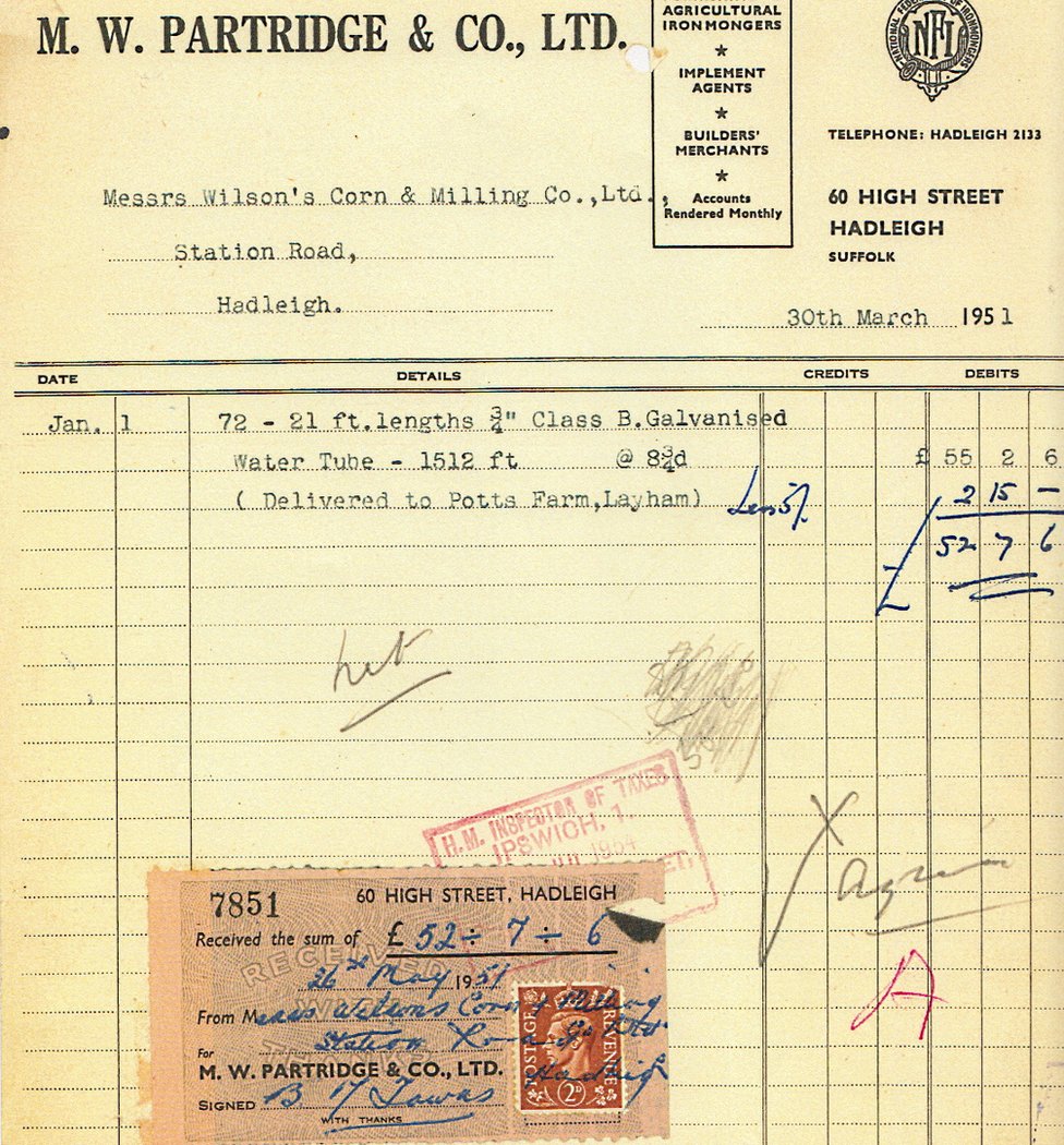 Счет-фактура от куропаток 1951 года другой местной компании в Хэдли, Wilson’s Corn & Milling Co