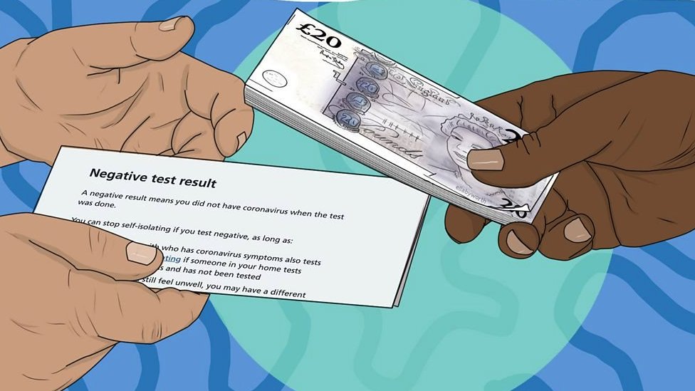 Ilustração de alguém pagando por um certificado de teste negativo