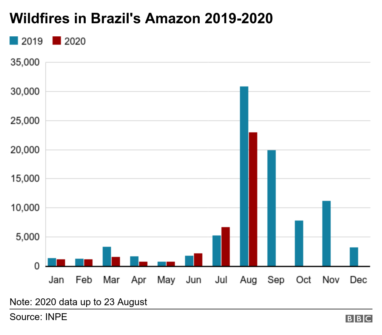 Гистограмма пожаров в Бразилии до 23 августа